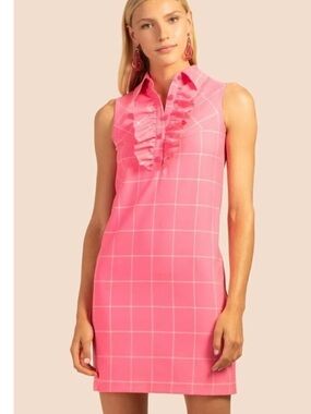Trina Turk Pink Windowpane Ruffle Sleeveless Shift Dress